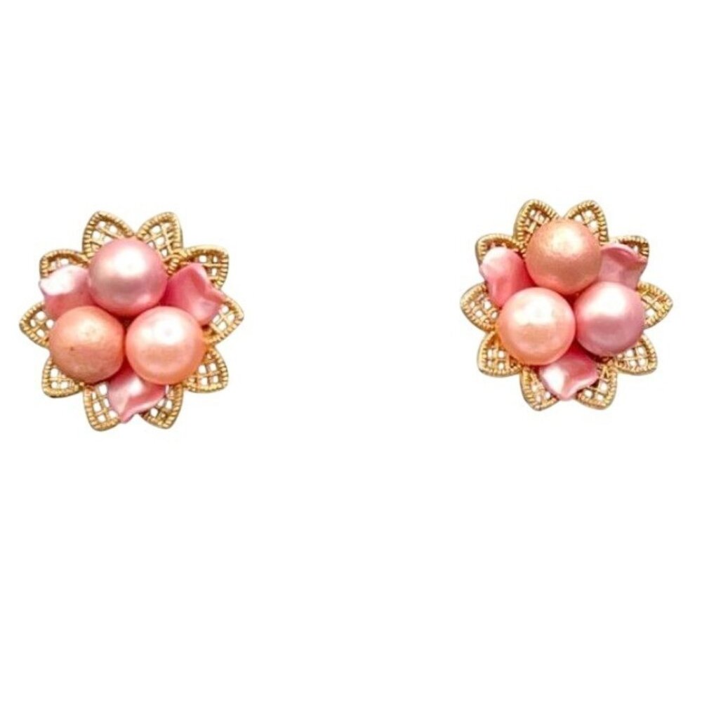 Vintage  Pink Faux Pearl & Petal Accents Gold-Tone Clip-On Earrings